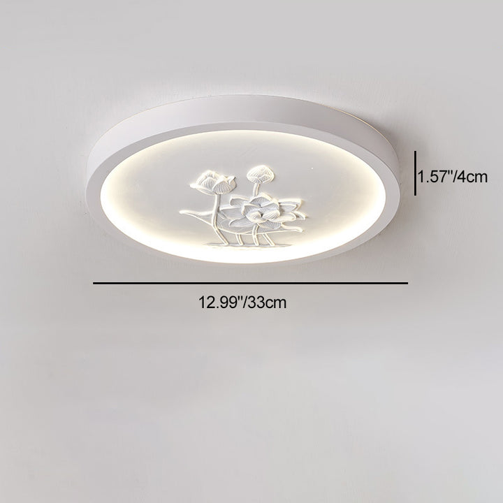 Plafonnier LED rond en résine chinoise traditionnelle en fer acrylique avec fleur de lotus gravée pour chambre à coucher 