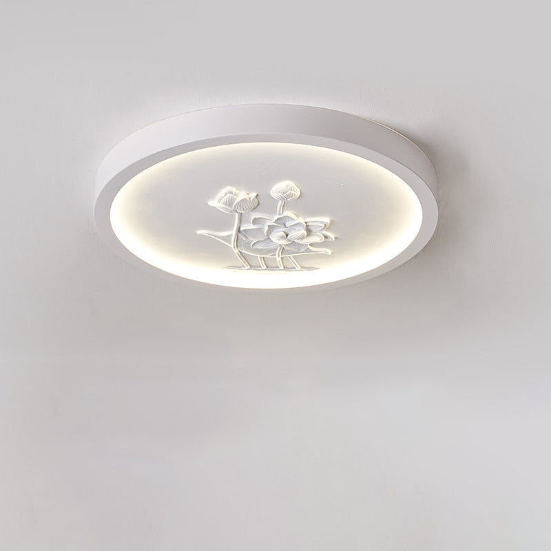 Plafonnier LED rond en résine chinoise traditionnelle en fer acrylique avec fleur de lotus gravée pour chambre à coucher 