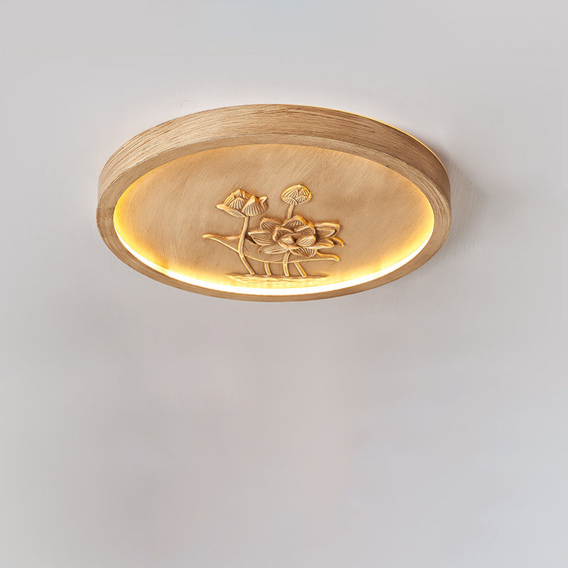 Plafonnier LED rond en résine chinoise traditionnelle en fer acrylique avec fleur de lotus gravée pour chambre à coucher 