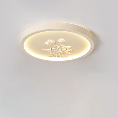 Plafonnier LED rond en résine chinoise traditionnelle en fer acrylique avec fleur de lotus gravée pour chambre à coucher 