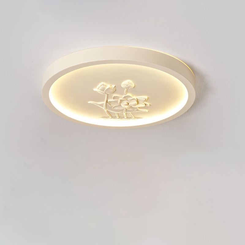 Plafonnier LED rond en résine chinoise traditionnelle en fer acrylique avec fleur de lotus gravée pour chambre à coucher 