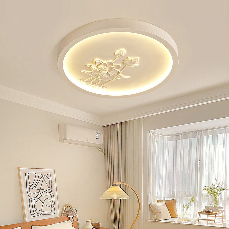 Plafonnier LED rond en résine chinoise traditionnelle en fer acrylique avec fleur de lotus gravée pour chambre à coucher 