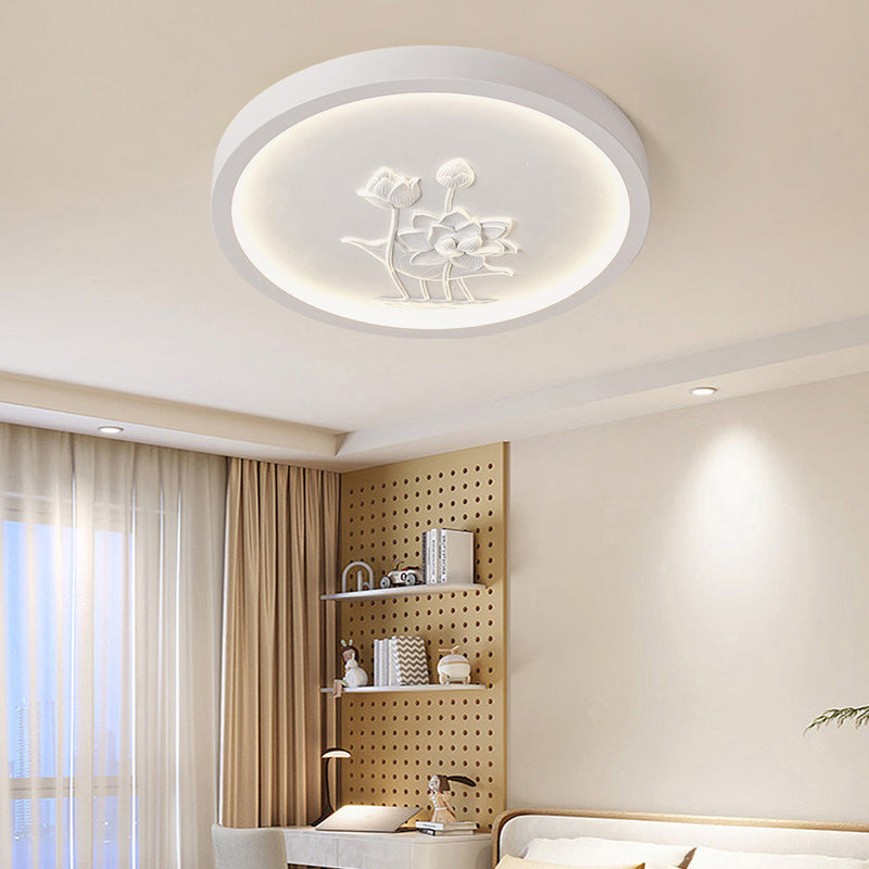 Plafonnier LED rond en résine chinoise traditionnelle en fer acrylique avec fleur de lotus gravée pour chambre à coucher 