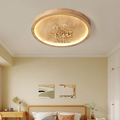 Plafonnier LED rond en résine chinoise traditionnelle en fer acrylique avec fleur de lotus gravée pour chambre à coucher 
