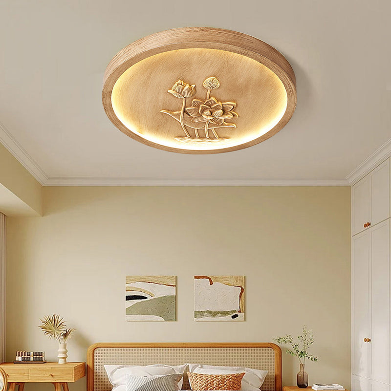 Plafonnier LED rond en résine chinoise traditionnelle en fer acrylique avec fleur de lotus gravée pour chambre à coucher 