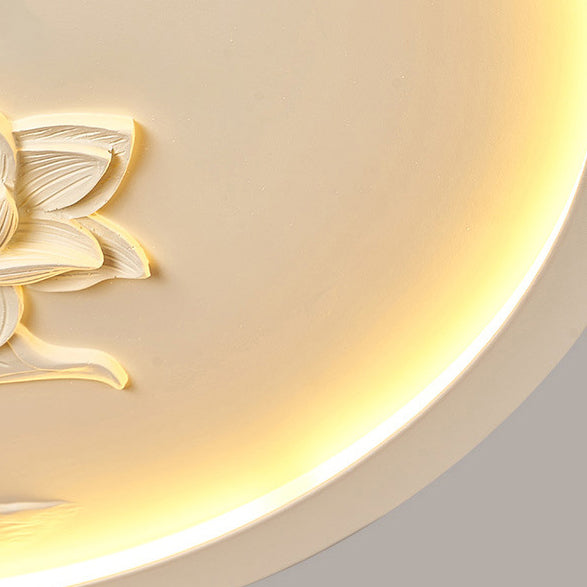 Plafonnier LED rond en résine chinoise traditionnelle en fer acrylique avec fleur de lotus gravée pour chambre à coucher 