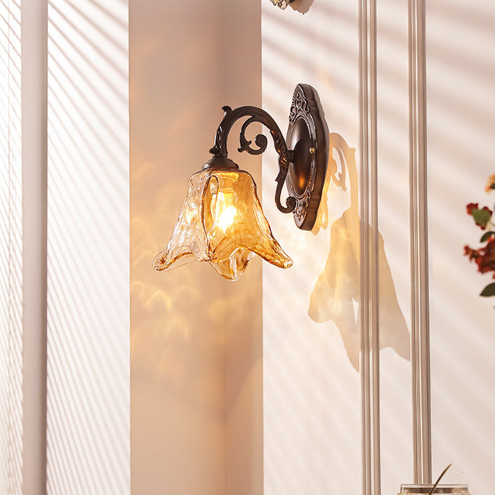Contemporary Retro Floral Iron Glass Aluminum Alloy 1-Light Wall Sconce Lamp For Bedside