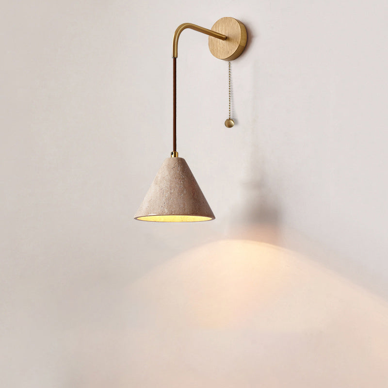 Lampe applique murale 1 lumière avec interrupteur à tirette, bol conique en bois travertin japonais traditionnel pour chevet 