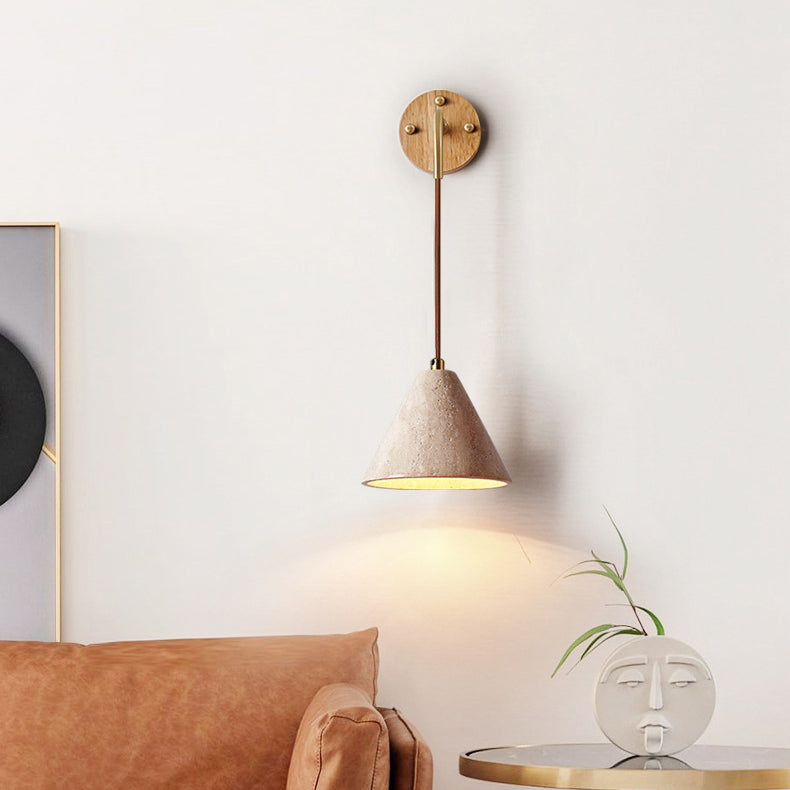Traditional Japanese Travertine Wood Cylinder Conic Bowl Pull Switch 1-Light Wall Sconce Lamp For Bedside