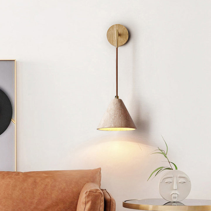 Traditional Japanese Travertine Wood Cylinder Conic Bowl Pull Switch 1-Light Wall Sconce Lamp For Bedside