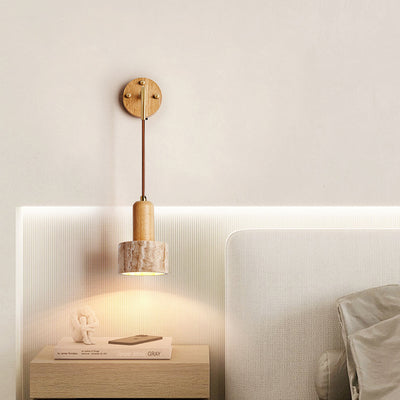 Traditional Japanese Travertine Wood Cylinder Conic Bowl Pull Switch 1-Light Wall Sconce Lamp For Bedside
