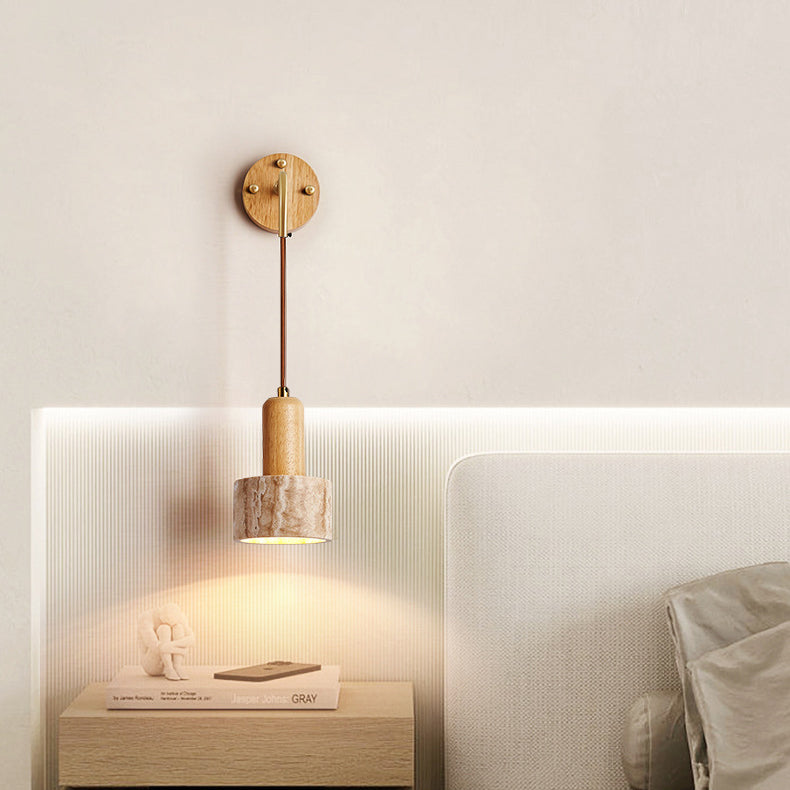 Traditional Japanese Travertine Wood Cylinder Conic Bowl Pull Switch 1-Light Wall Sconce Lamp For Bedside