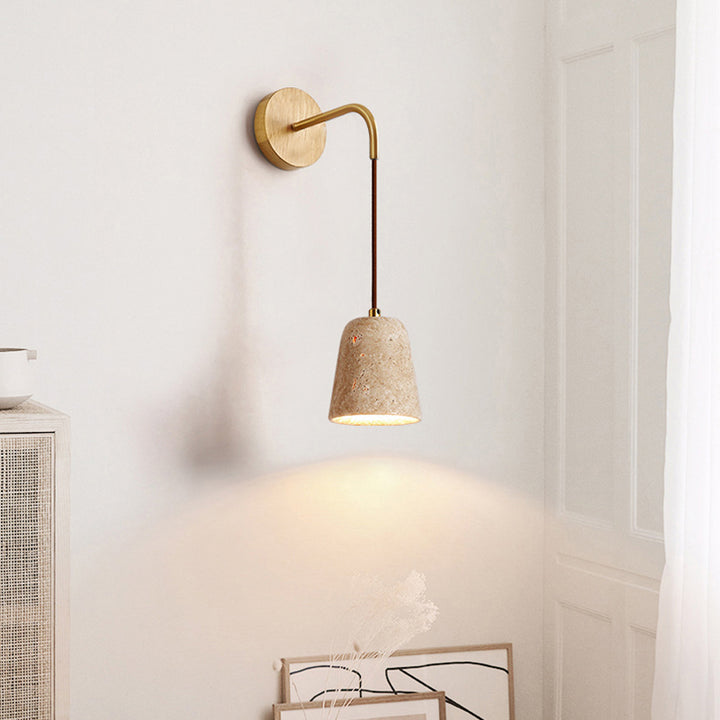 Traditional Japanese Travertine Wood Cylinder Conic Bowl Pull Switch 1-Light Wall Sconce Lamp For Bedside