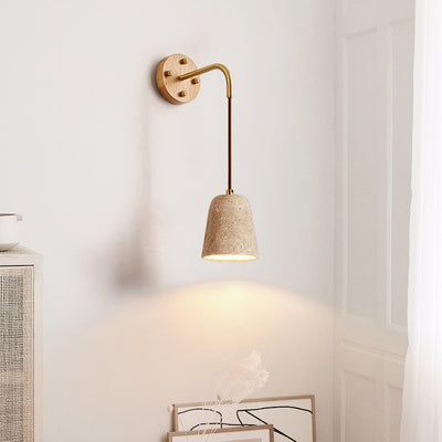 Traditional Japanese Travertine Wood Cylinder Conic Bowl Pull Switch 1-Light Wall Sconce Lamp For Bedside