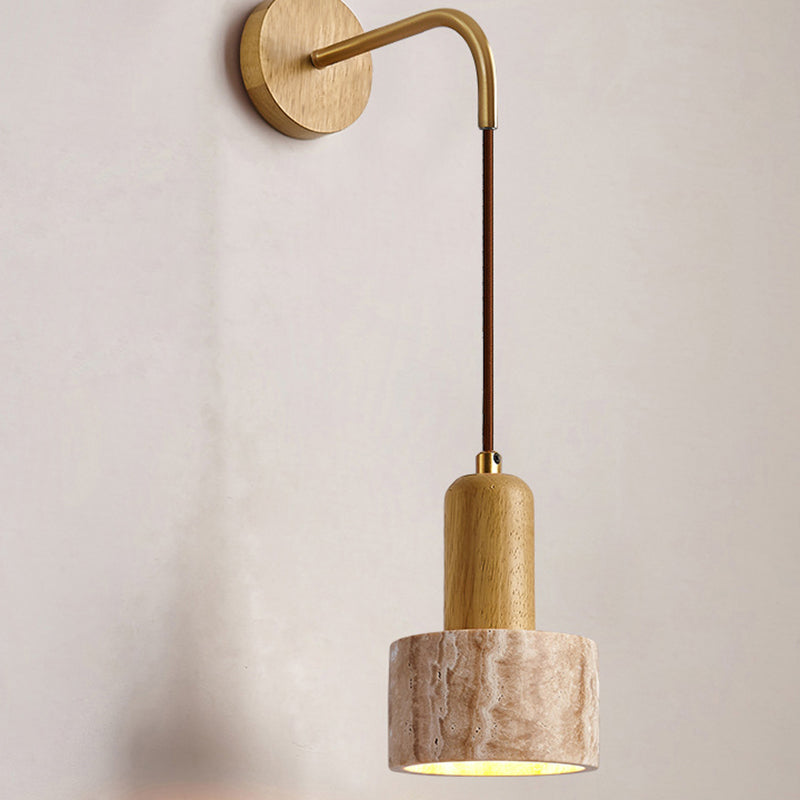 Lampe applique murale 1 lumière avec interrupteur à tirette, bol conique en bois travertin japonais traditionnel pour chevet 