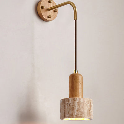 Traditional Japanese Travertine Wood Cylinder Conic Bowl Pull Switch 1-Light Wall Sconce Lamp For Bedside