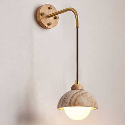 Traditional Japanese Travertine Wood Cylinder Conic Bowl Pull Switch 1-Light Wall Sconce Lamp For Bedside