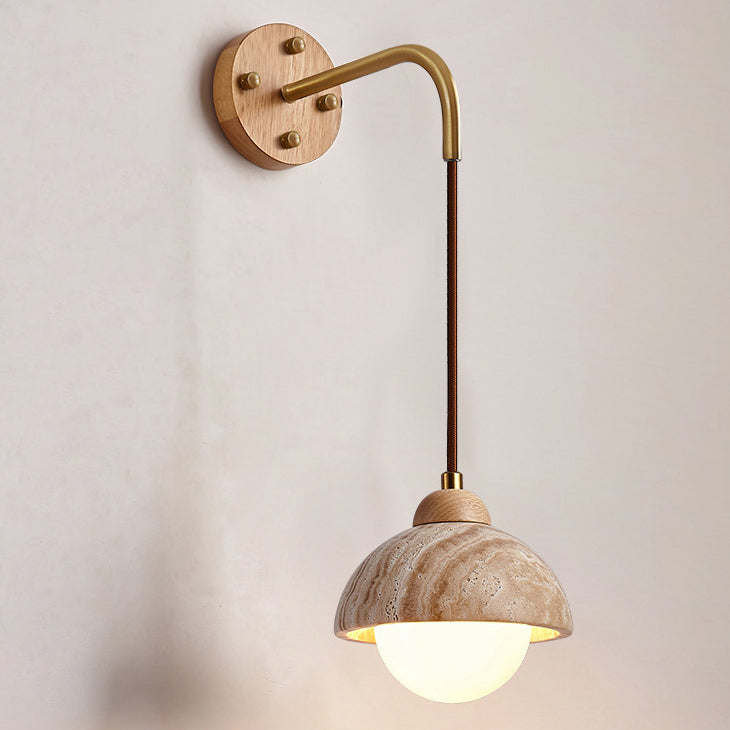Traditional Japanese Travertine Wood Cylinder Conic Bowl Pull Switch 1-Light Wall Sconce Lamp For Bedside