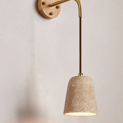 Traditional Japanese Travertine Wood Cylinder Conic Bowl Pull Switch 1-Light Wall Sconce Lamp For Bedside