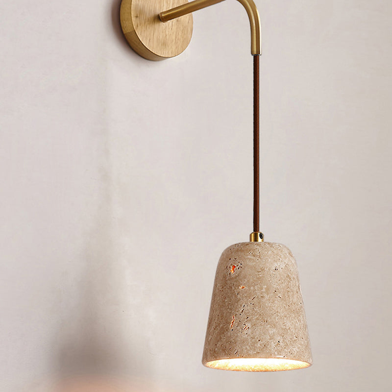Lampe applique murale 1 lumière avec interrupteur à tirette, bol conique en bois travertin japonais traditionnel pour chevet 