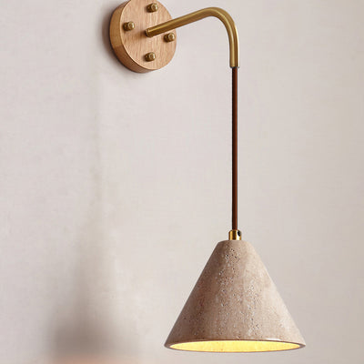 Traditional Japanese Travertine Wood Cylinder Conic Bowl Pull Switch 1-Light Wall Sconce Lamp For Bedside