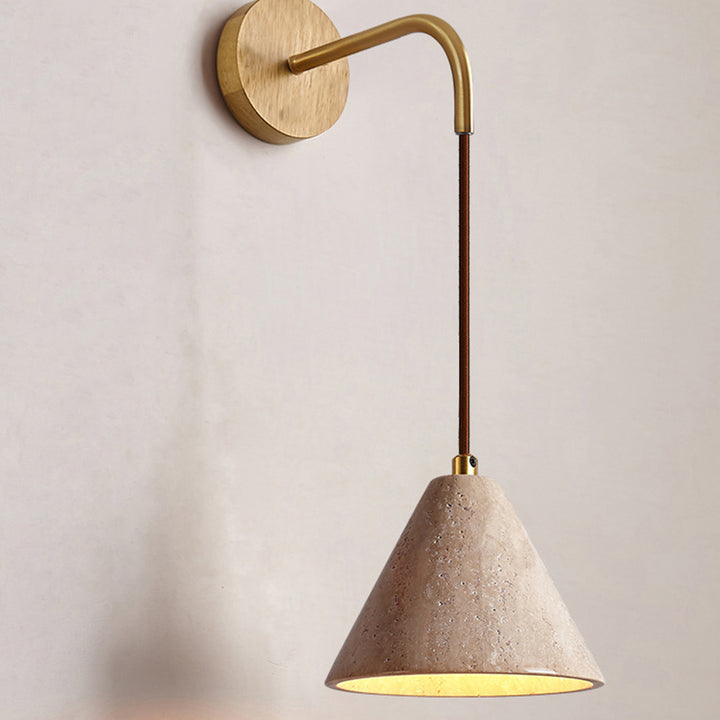 Lampe applique murale 1 lumière avec interrupteur à tirette, bol conique en bois travertin japonais traditionnel pour chevet 