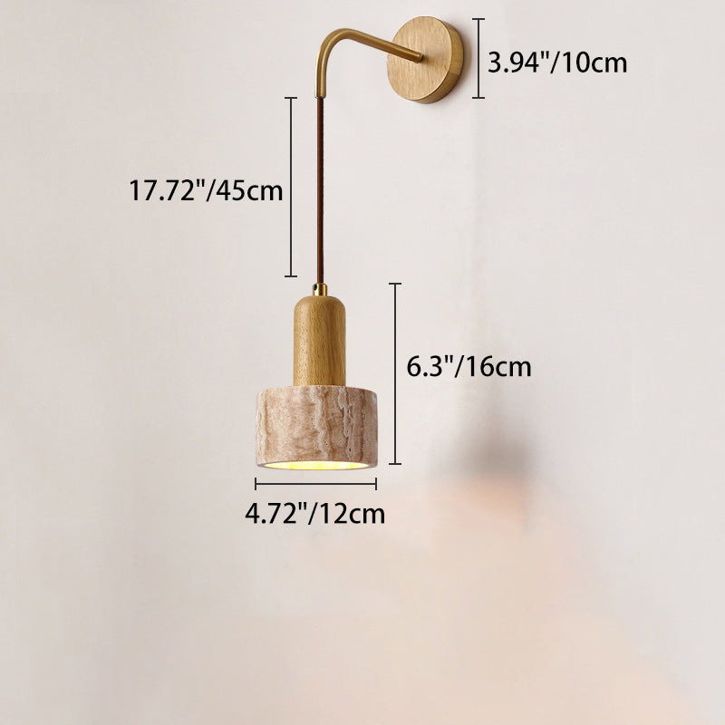 Lampe applique murale 1 lumière avec interrupteur à tirette, bol conique en bois travertin japonais traditionnel pour chevet 
