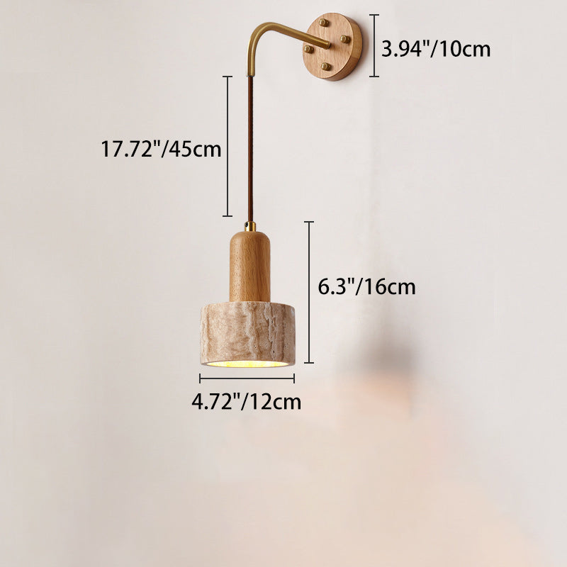 Traditional Japanese Travertine Wood Cylinder Conic Bowl Pull Switch 1-Light Wall Sconce Lamp For Bedside