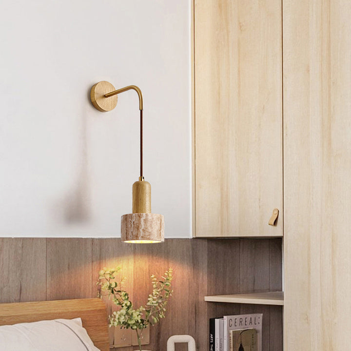Lampe applique murale 1 lumière avec interrupteur à tirette, bol conique en bois travertin japonais traditionnel pour chevet 
