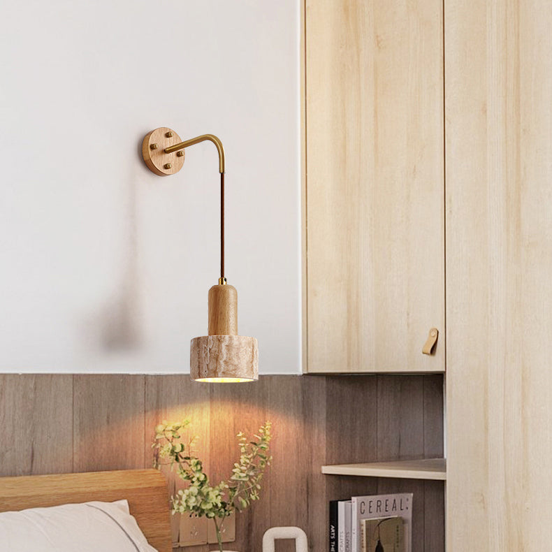 Traditional Japanese Travertine Wood Cylinder Conic Bowl Pull Switch 1-Light Wall Sconce Lamp For Bedside
