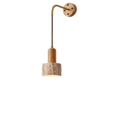 Traditional Japanese Travertine Wood Cylinder Conic Bowl Pull Switch 1-Light Wall Sconce Lamp For Bedside