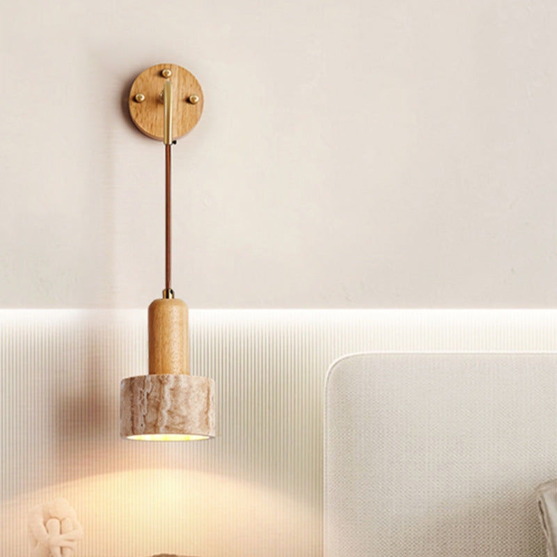 Traditional Japanese Travertine Wood Cylinder Conic Bowl Pull Switch 1-Light Wall Sconce Lamp For Bedside