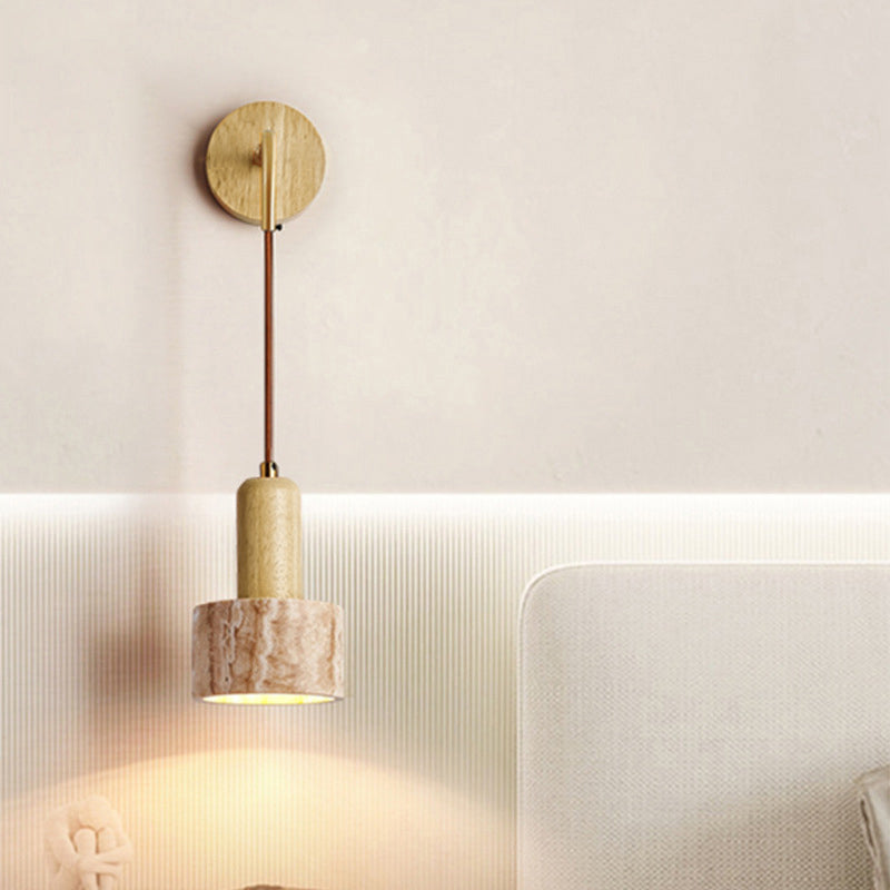 Lampe applique murale 1 lumière avec interrupteur à tirette, bol conique en bois travertin japonais traditionnel pour chevet 
