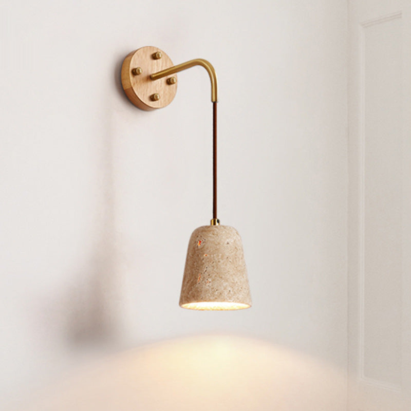 Traditional Japanese Travertine Wood Cylinder Conic Bowl Pull Switch 1-Light Wall Sconce Lamp For Bedside