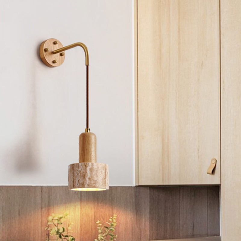 Traditional Japanese Travertine Wood Cylinder Conic Bowl Pull Switch 1-Light Wall Sconce Lamp For Bedside