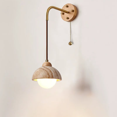 Traditional Japanese Travertine Wood Cylinder Conic Bowl Pull Switch 1-Light Wall Sconce Lamp For Bedside