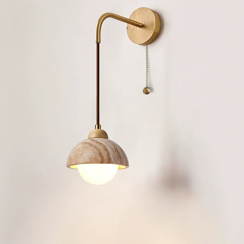 Lampe applique murale 1 lumière avec interrupteur à tirette, bol conique en bois travertin japonais traditionnel pour chevet 