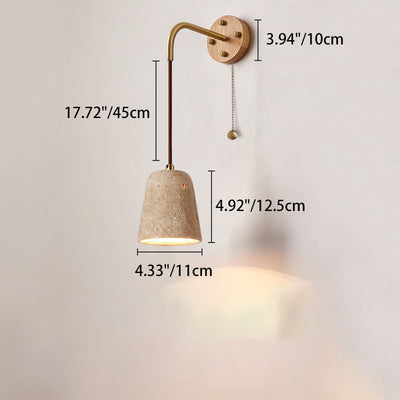 Traditional Japanese Travertine Wood Cylinder Conic Bowl Pull Switch 1-Light Wall Sconce Lamp For Bedside
