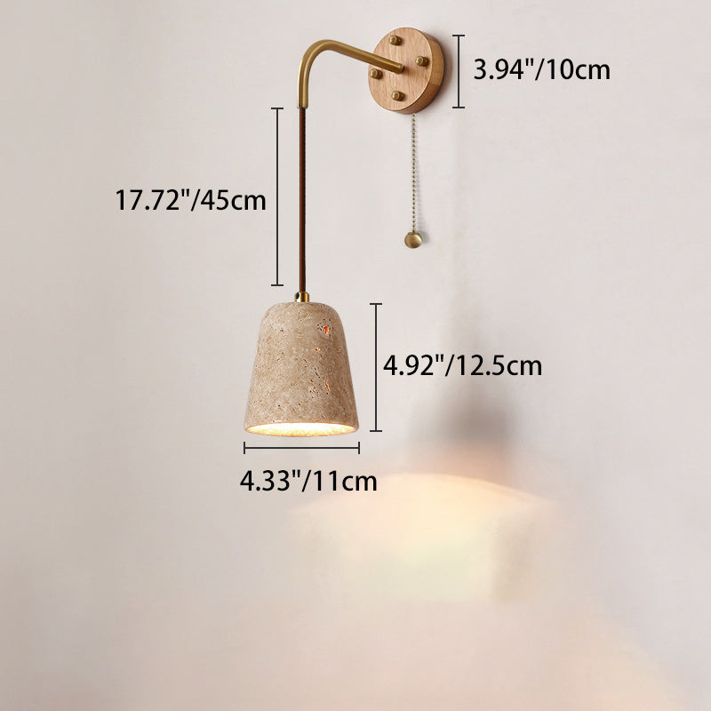 Traditional Japanese Travertine Wood Cylinder Conic Bowl Pull Switch 1-Light Wall Sconce Lamp For Bedside