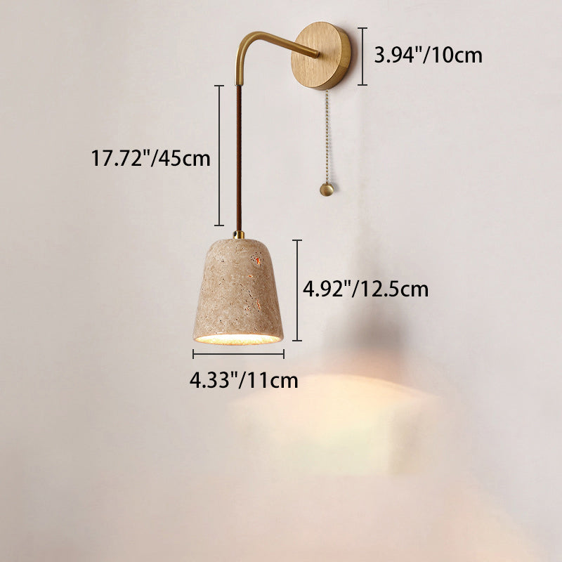 Lampe applique murale 1 lumière avec interrupteur à tirette, bol conique en bois travertin japonais traditionnel pour chevet 