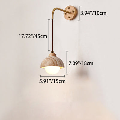 Traditional Japanese Travertine Wood Cylinder Conic Bowl Pull Switch 1-Light Wall Sconce Lamp For Bedside
