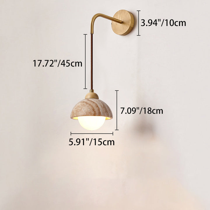 Lampe applique murale 1 lumière avec interrupteur à tirette, bol conique en bois travertin japonais traditionnel pour chevet 