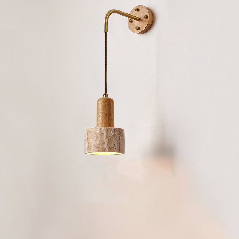 Traditional Japanese Travertine Wood Cylinder Conic Bowl Pull Switch 1-Light Wall Sconce Lamp For Bedside