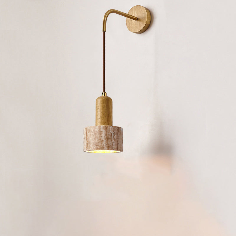 Lampe applique murale 1 lumière avec interrupteur à tirette, bol conique en bois travertin japonais traditionnel pour chevet 