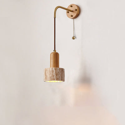 Traditional Japanese Travertine Wood Cylinder Conic Bowl Pull Switch 1-Light Wall Sconce Lamp For Bedside