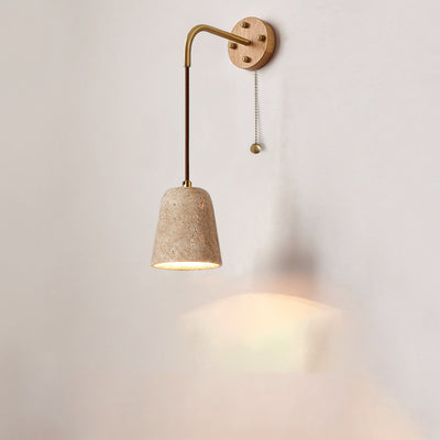 Traditional Japanese Travertine Wood Cylinder Conic Bowl Pull Switch 1-Light Wall Sconce Lamp For Bedside