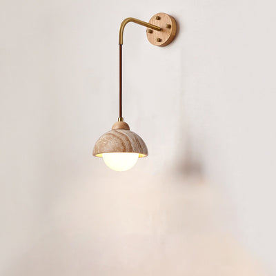 Traditional Japanese Travertine Wood Cylinder Conic Bowl Pull Switch 1-Light Wall Sconce Lamp For Bedside