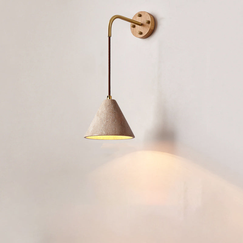 Traditional Japanese Travertine Wood Cylinder Conic Bowl Pull Switch 1-Light Wall Sconce Lamp For Bedside