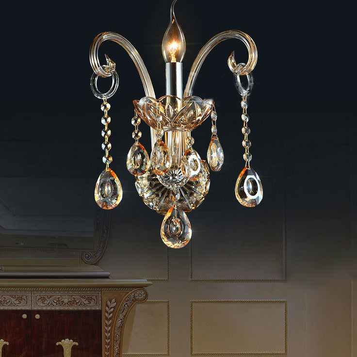 Candelabro de Pared de 1/2 Luces con Cuerno de Cabra de Cristal de Tela de Vidrio Tradicional Europeo para Pasillo 