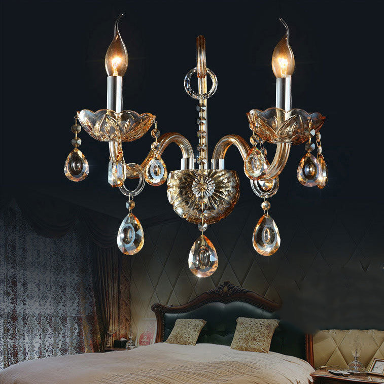 Candelabro de Pared de 1/2 Luces con Cuerno de Cabra de Cristal de Tela de Vidrio Tradicional Europeo para Pasillo 